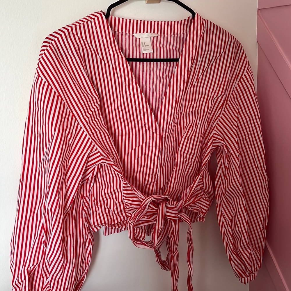 Striped button down shirt w/ wrap around belt